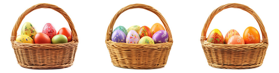 Set Easter eggs in a black basket transparent background