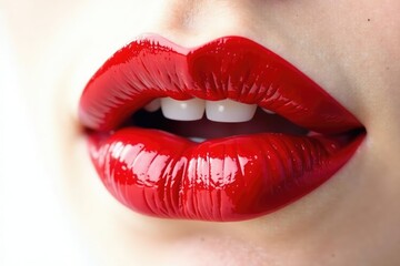 Obraz premium Close-up of luscious red lips against pure white backdrop, contrast, cosmetic, close-up