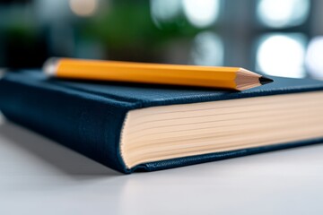 Fototapeta premium Close-Up of Blue Book with Yellow Pencil on Wooden Table in Bright Office Environment