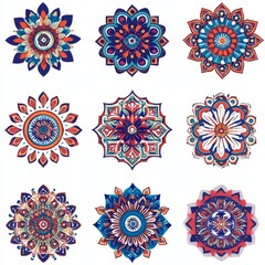 Nine colorful mandala designs arranged in a grid pattern on a white background.
