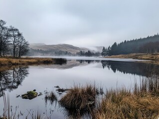 Obraz premium Photo of a winter lake reflecting the pale, overcast sky, mist rising from the water