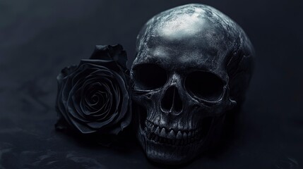 Fototapeta premium Monochrome Skull and Rose Still Life with Dark Moody Tone