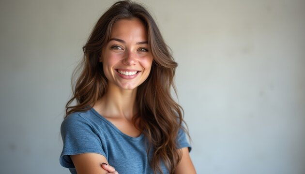 A radiant young woman with flowing brown hair beams with joy against a soft, neutral background. Her genuine smile and relaxed pose exude warmth and positivity, inviting connection and happiness.