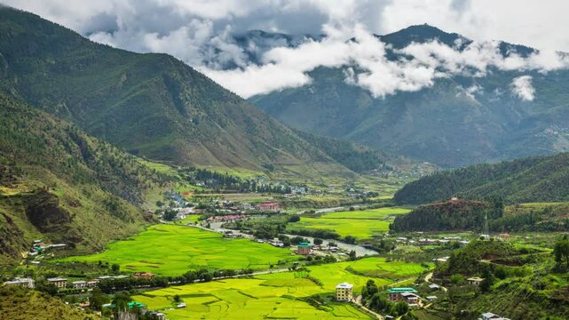 Looking out over the rice terraces in the city of Paro in Bhutan.