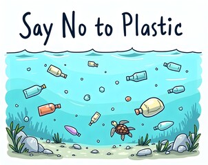 Naklejka premium Cartoon sea turtle swims through plastic underwater, raising awareness about ocean pollution.