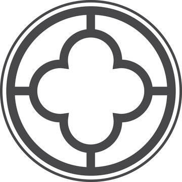 Gothic circle rose window with medieval ornament. Cathedral rosette. Christian architecture element with stained glass. Radial frame.