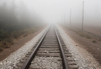 Fototapeta premium Misty railroad tracks disappearing into foggy horizon
