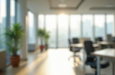 Blurred modern office interior with large windows allowing natural light. Minimalist workspace design includes desks chairs, plants. Bright clean office with empty tables. Ideal for business,