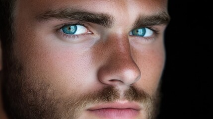 Naklejka premium Close-up portrait of a man with intense gaze and striking blue eyes. Detailed view of facial features, including a short beard and expressive eyes