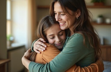 Happy caucasian mother hugs teenage daughter at home. Woman embracing girl, sharing love. Teenager hugging mom. Family, relationship, care, support concept. Mother day, bonding moment.