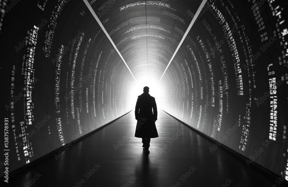Aufkleber man walking through futuristic tech tunnel with digital code. computer data flowing on walls. concep