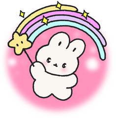 무지개 지팡이를 든 토끼 캐릭터 일러스트 스티커 © titi.drawing