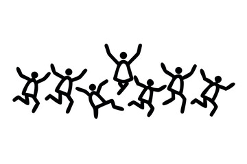 Joyful group silhouette leaping in air, energetic motion and unity concept with raised arms and dynamic posture on blank background