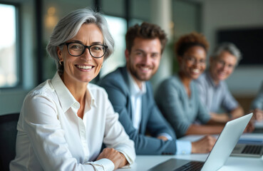 Obraz premium Group multiethnic successful business people collaborating at office. Team happy working together smiling. People talking, using laptop, brainstorming, strategy discussion. Corporate diversity