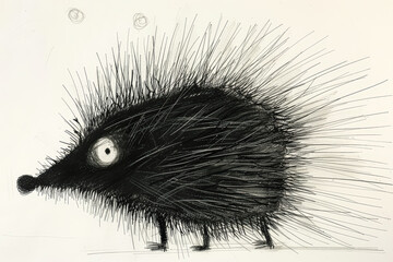 Obraz premium Black and white drawing of a spiky animal with a black nose and big eyes