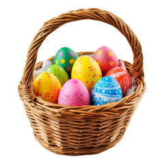 Naklejka premium Colorful easter eggs in wicker basket isolated on transparent background 