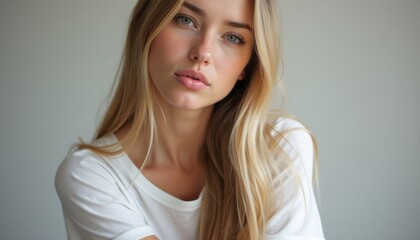This stunning close-up features a young woman with radiant skin and long, silky blonde hair, exuding a natural beauty. Her soft gaze and subtle expression create an intimate atmosphere, inviting