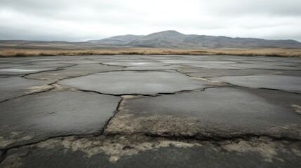 Fototapeta premium Damaged asphalt road stretching to a distant mountain range. Patches of cracked and broken pavement