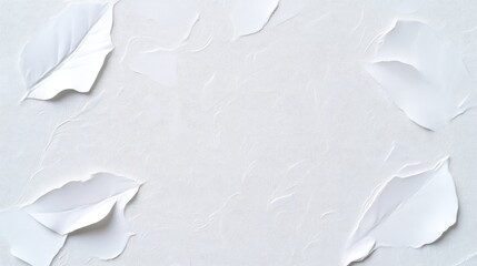 Obraz premium White paper leaves are artfully arranged on a textured white background. The composition is minimalist. The image is high-resolution, with soft lighting. The style is clean and serene. The color pa
