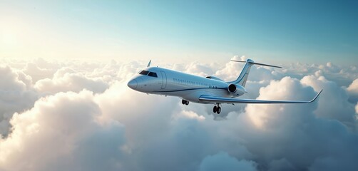 Fototapeta premium Illustration of a modern jet plane flying high above clouds in a bright sky. Travel, business, and transportation concept. Passenger airliner. Commercial flight.