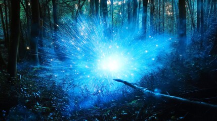 Bright Blue Burst of Light in Forest with Mystical Atmosphere