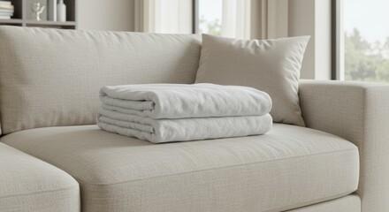 Fototapeta premium Clean white folded towels elegantly displayed on a modern sofa in a serene living room