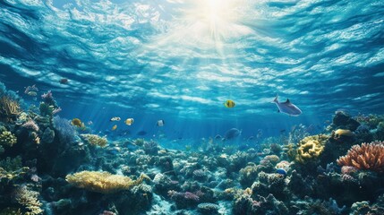 Fototapeta premium Sunlit underwater seascape teeming with marine life and vibrant coral reefs