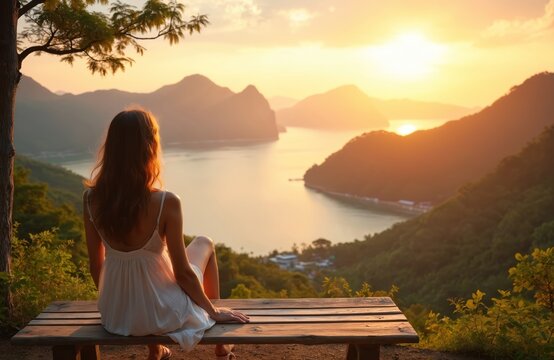 Young woman enjoying sunrise over mountain landscape in Thailand. Female traveler sits on bench, admires the beauty of nature, enjoys vacation holiday. Panoramic view of sea bay at sunset. - Powered by Adobe