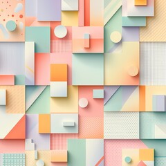 Fototapeta premium Pastel Geometric Shapes: A vibrant and playful composition of pastel-colored geometric shapes, including squares, circles, and rectangles, creating a modern and artistic background.