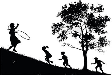 A group of children dancing, jumping, and playing with balloons, depicting happiness and movement