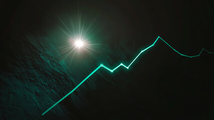 Abstract image of a teal glowing line graph rising against a dark background, illuminated by a bright light source, symbolizing growth, success, and progress