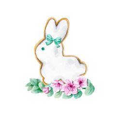 Watercolor set of easter bunny and spring flowers. Design for invitations, cards, stickers, postcards, textils. Holiday decor. Hand painted illustration.