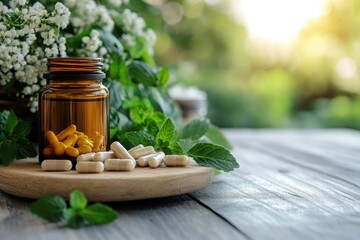 Natural herbal supplements in an amber jar with fresh greenery in a serene outdoor setting