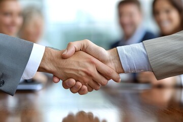 Executives celebrate successful partnership agreement with handshake at conference table in diverse team setting