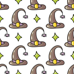 Hand drawn cute seamless pattern with cartoon Witch Hat and spider in doodle design