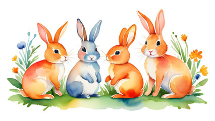 Watercolor Rabbits Sitting Together on Grass with Flowers for Spring Design