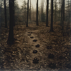 Naklejka premium Intricate Tapestry of Animal Tracks: A Story Told in Footprints in the Forest's Embrace