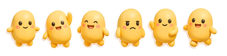 Cute soybean Characters: A delightful array of animated soybean characters, each embodying a unique emotion, rendered with bright, appealing colors, designed to evoke joy and express feelings.