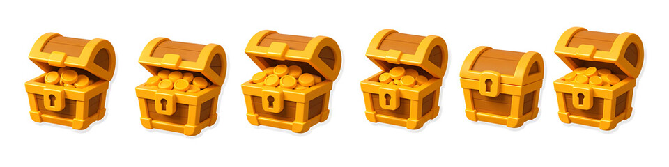 Golden Treasure Chests: A row of intricately designed, golden treasure chests, some overflowing with glistening coins, create a sense of anticipation and wealth. 