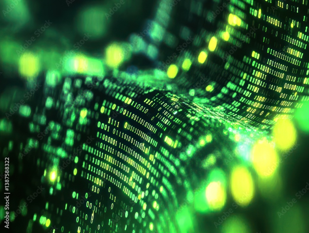 Poster abstract digital wave of green binary code with glowing lights