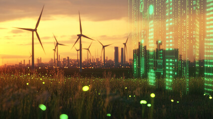 Sunset scene with wind turbines, cityscape, and glowing green digital interface overlay on grassy field, symbolizing clean energy and technological advancement for sustainable future