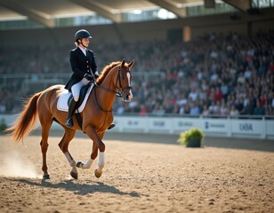 Female rider on dressage horse during competition. Horse in equestrian sport performs movement at test. Audience blurred background supports the athlete. Horse riding, equestrianism, dressage events.