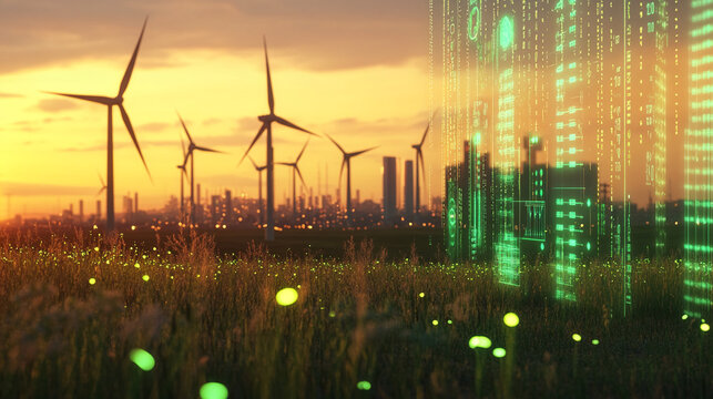 Sunset scene with wind turbines, cityscape, and glowing green digital interface overlay on grassy field, symbolizing clean energy and technological advancement for sustainable future