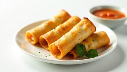 Crispy spring rolls, elegantly arranged, pure white backdrop , simple, minimal, asia