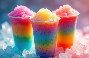 Vibrant rainbow slush drinks chilling on ice. Colorful frozen beverage refreshing summer treat. Sweet dessert for party, kids, holidays. Fruit juice cocktails at beach bar.