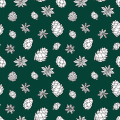 Christmas and New Year seamless pattern with pine cones, anise stars, and cloves. Christmas decoration. Hand drawn sketch 