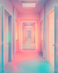 Fototapeta premium Hallway of Infinite Dimensions: An ethereal and dreamlike hallway unfolds, bathed in a spectrum of pastel hues, creating a sense of endless depth and exploration.