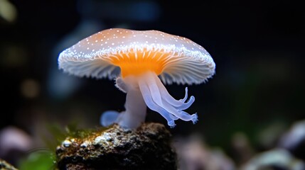 Delicate, luminous jellyfish with an orange cap.  Close-up view of an aquatic creature, showcasing its translucent body and intricate details.  A striking image of a unique jellyfish