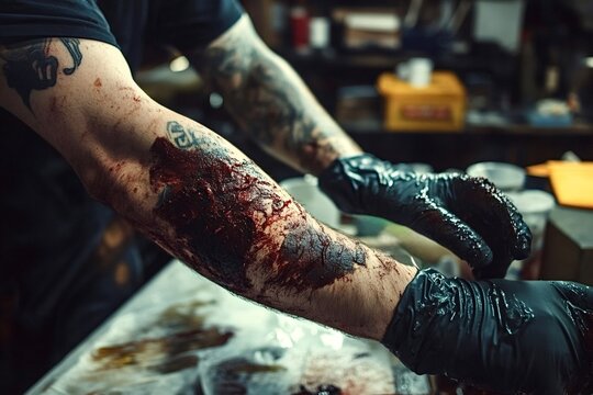 Butcher wearing black gloves is preparing meat in a butcher shop, with arms stained in blood and other matter, creating a dark and messy atmosphere filled with gore