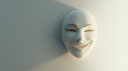 White Smiling Mask Against Wall Revealing Hidden Emotions and Identity